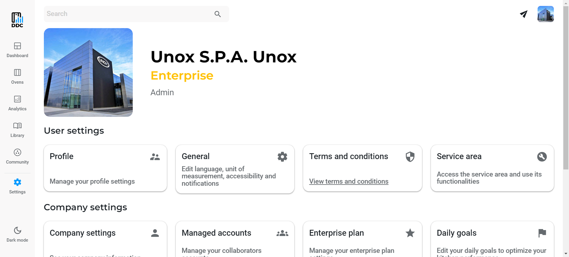 Settings page