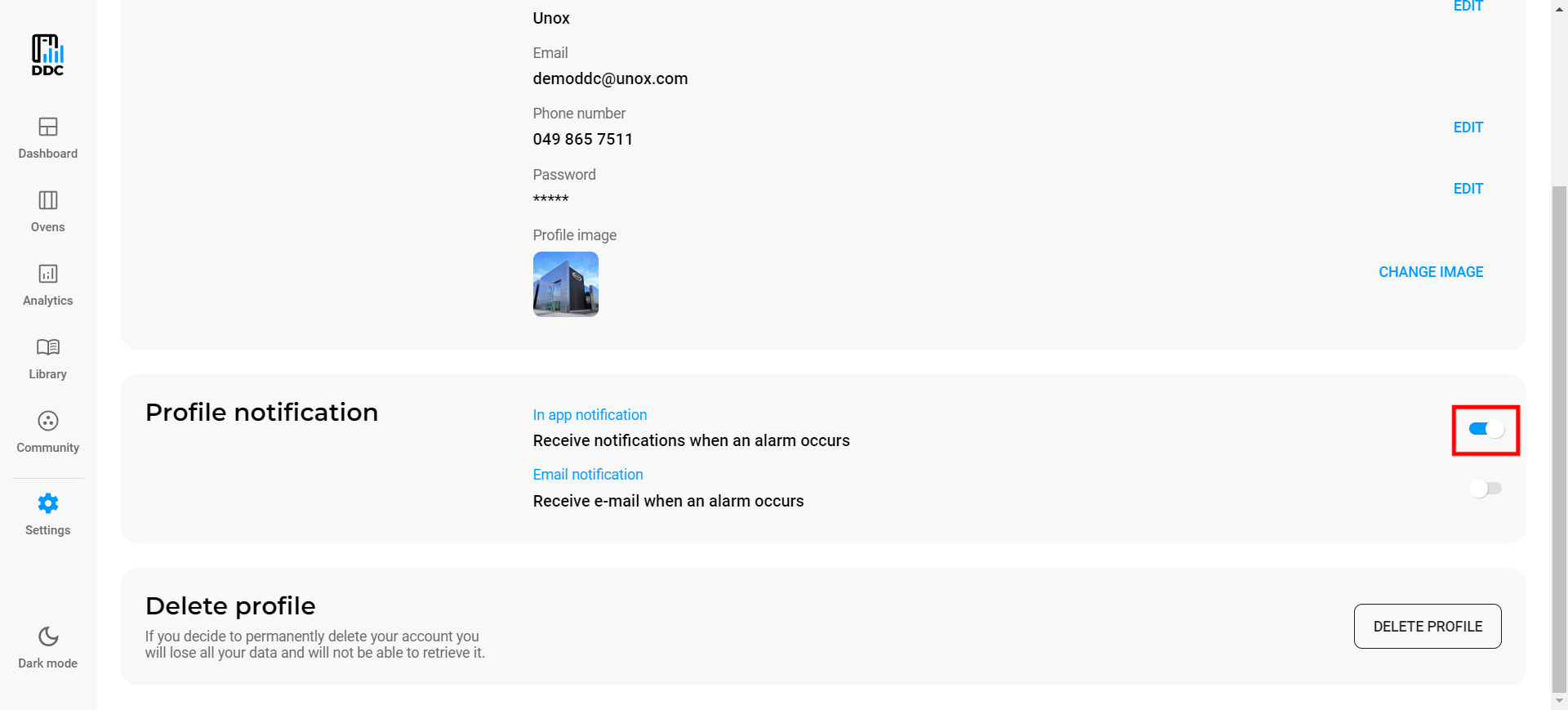 Settings page