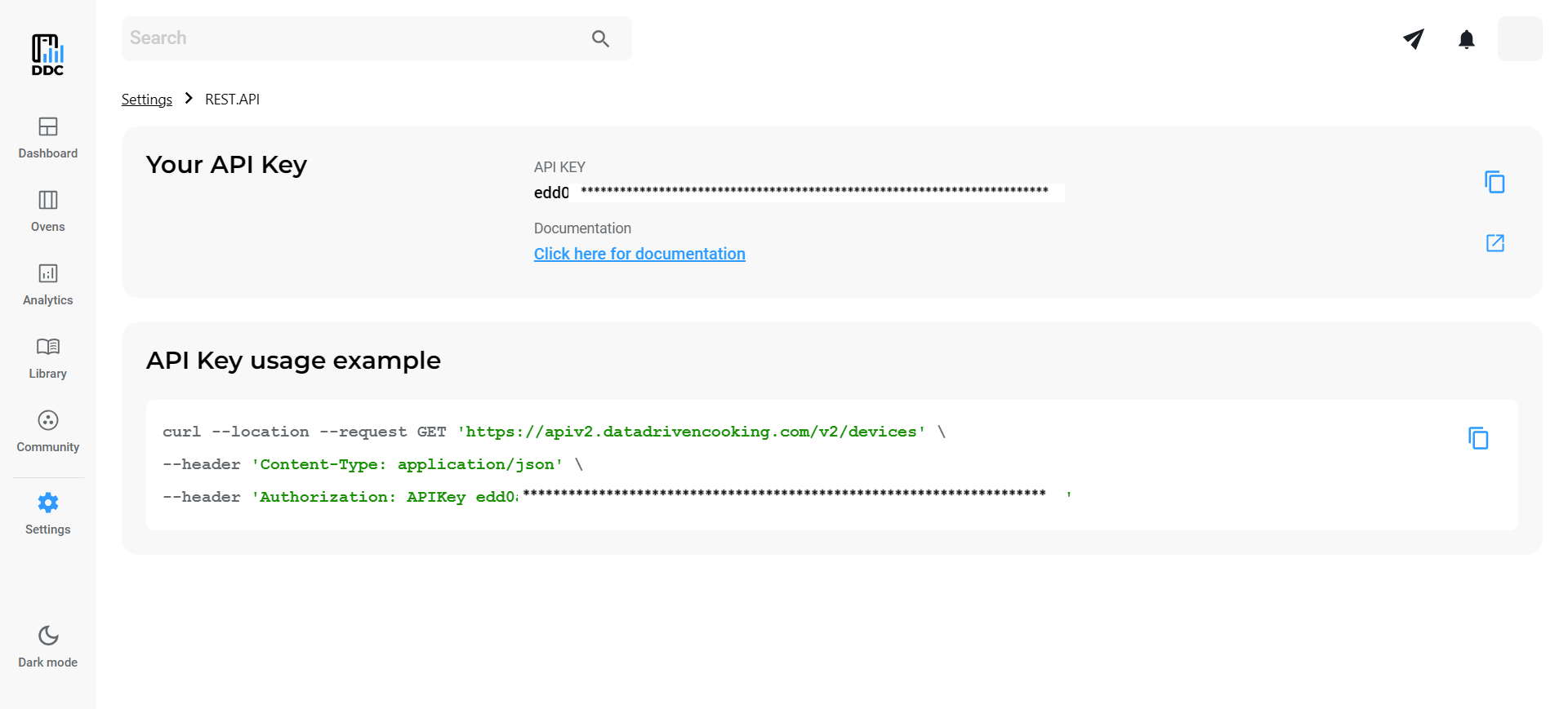 Pagina della chiave API